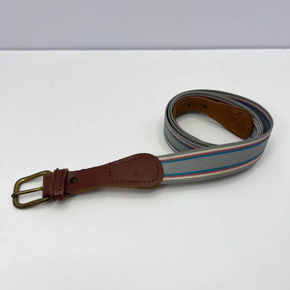 Vintage Gray Striped Webbing‎ Belt Unisex 38/39 Leather Trim Brass Buckle Preppy